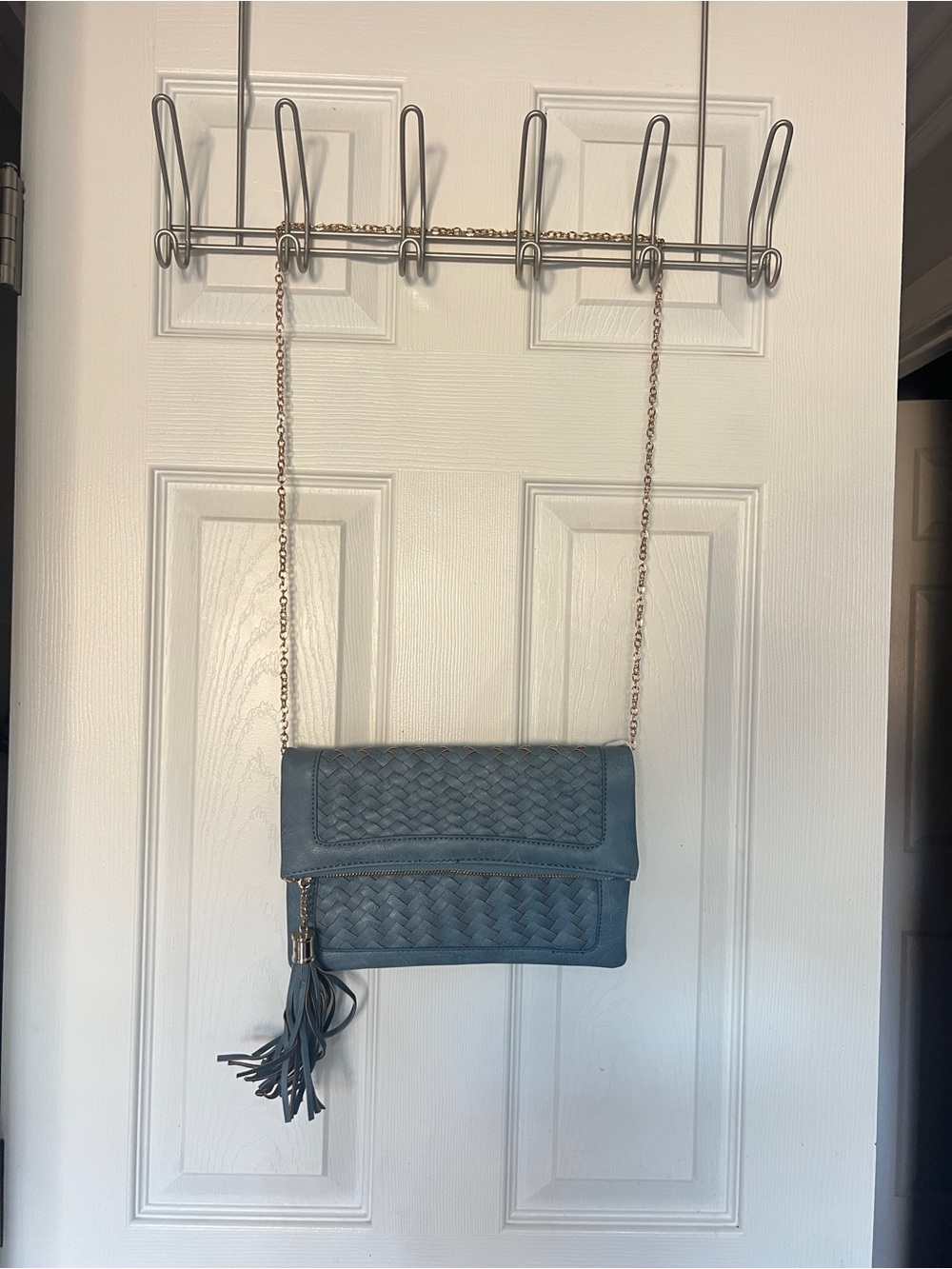 Woven Tassel Crossbody Bag in Dusty Blue with Gold Chain